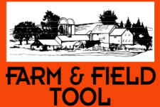 Farm and Field Tool label: a line-drawn farmstead scene over bold stenciled lettering on orange